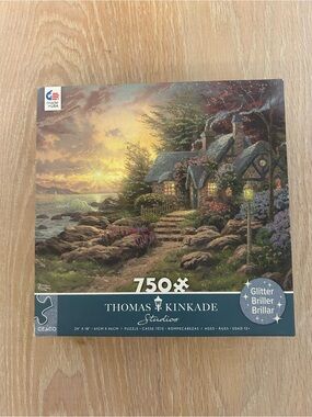 Glitter Thomas Kinkade Seaside Cottage at Sunset - Yellow, Blue, Green, Purple